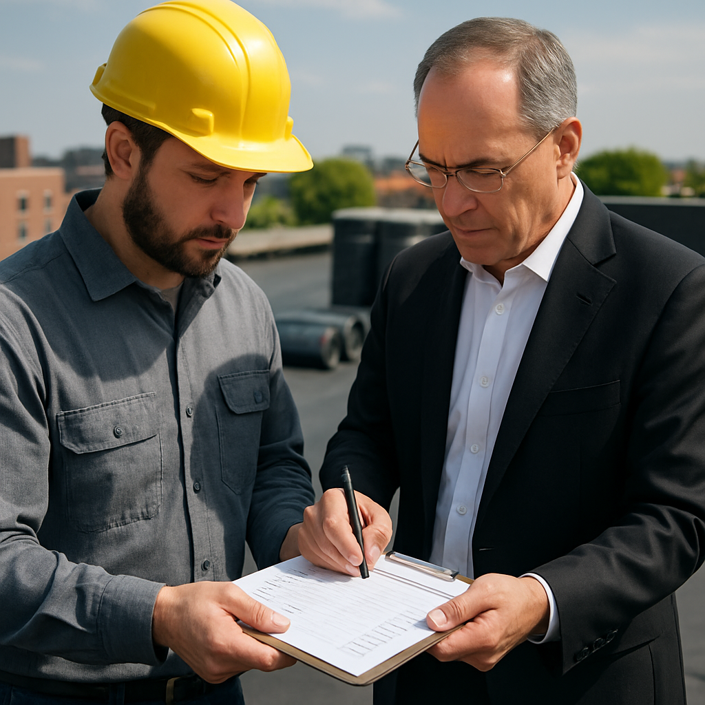 Photo realistic image of a contractor and building owner signing a change order form on a rooftop, a clipboard with line-item pricing visible, and tools/roof materials in the background; professional mood