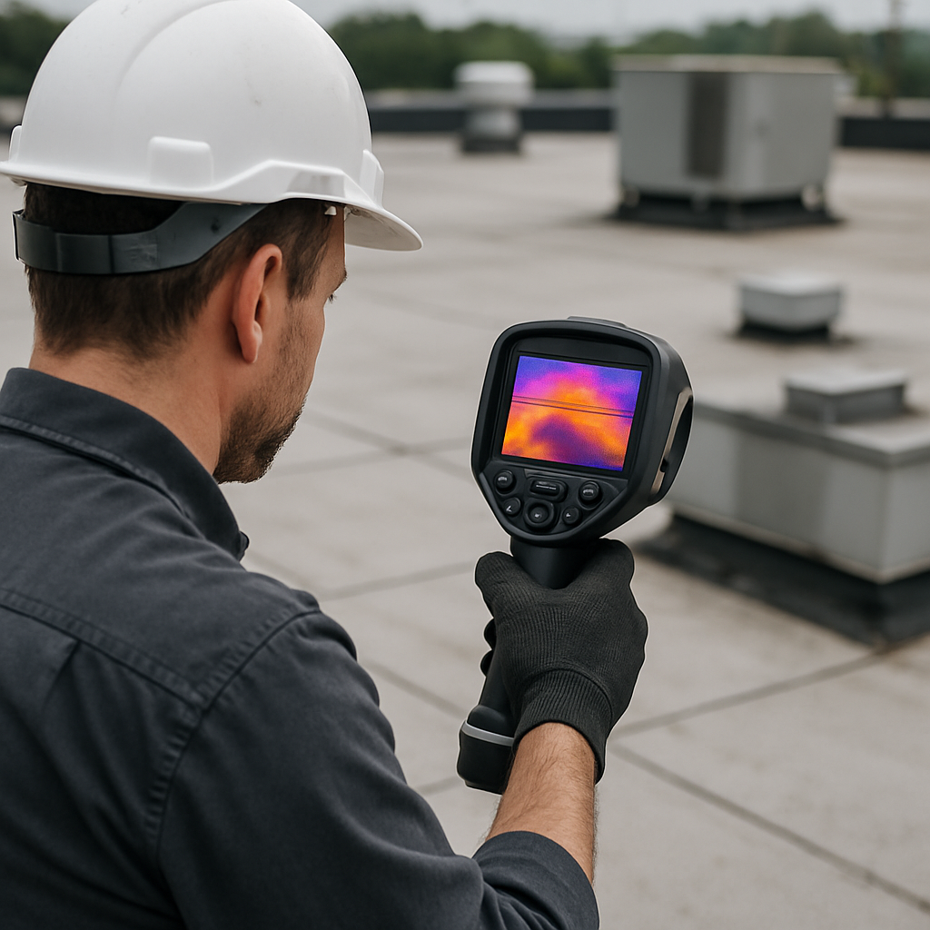 Professional roof technician performing an infrared moisture scan on a commercial flat roof, close-up of handheld infrared camera display, visible roof seams and rooftop equipment, photorealistic, professional mood