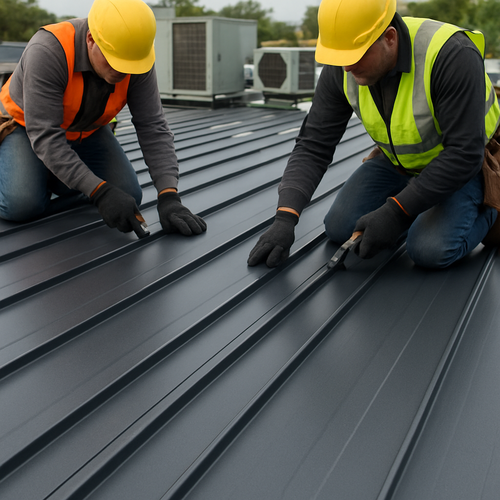 Photo realistic image of a standing seam metal roof being installed by certified roofers, close-up on interlocking seams and concealed fasteners, rooftop view showing adjacent HVAC equipment, professional mood