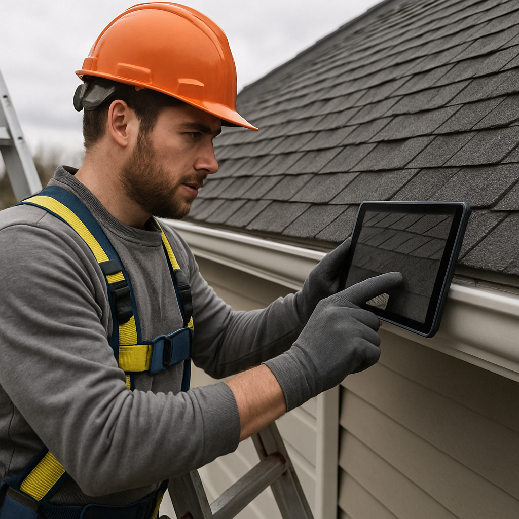Photo realistic image of a roofing technician on a ladder inspecting asphalt shingles near a gutter