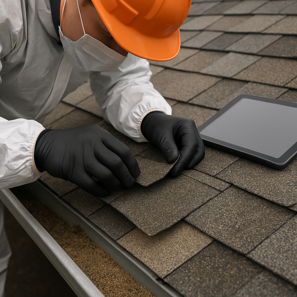 Photo realistic image of a close-up inspection: a technician wearing PPE bending an asphalt shingle