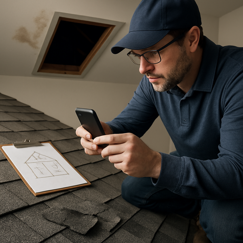 Photorealistic image of a homeowner on the ground taking geotagged close up photos of damaged asphal