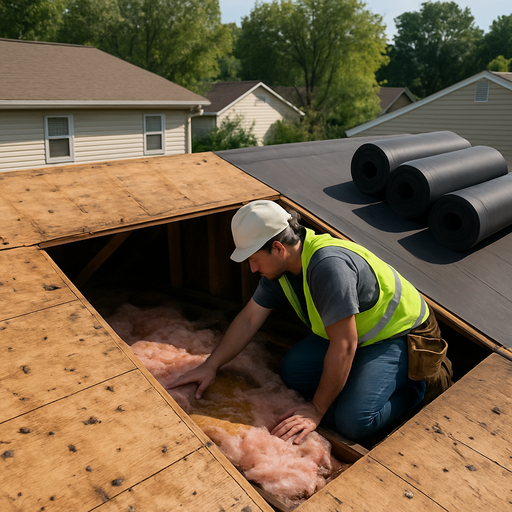 Photorealistic photo of a residential roof tear-off in progress showing exposed sheathing, a contrac