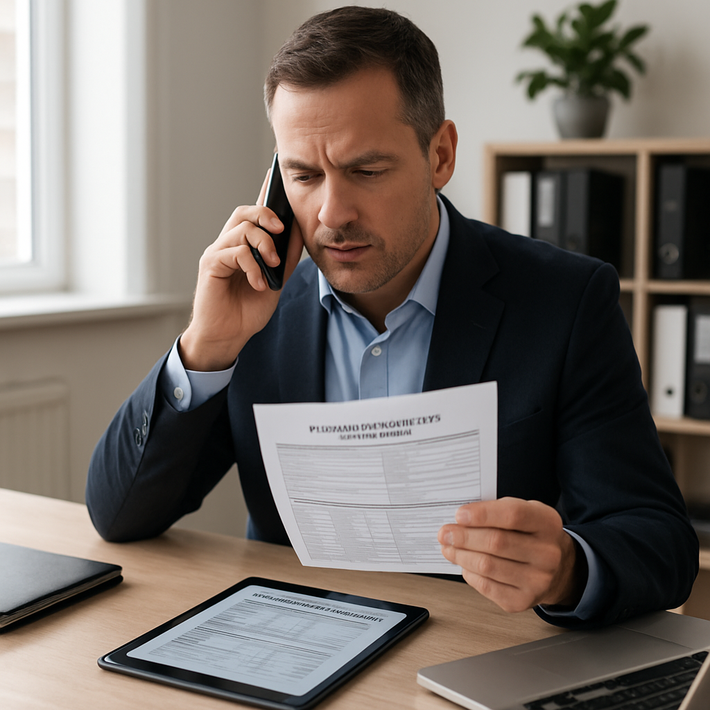 A professional photo realistic image of a property manager at a desk reviewing a contractor certific