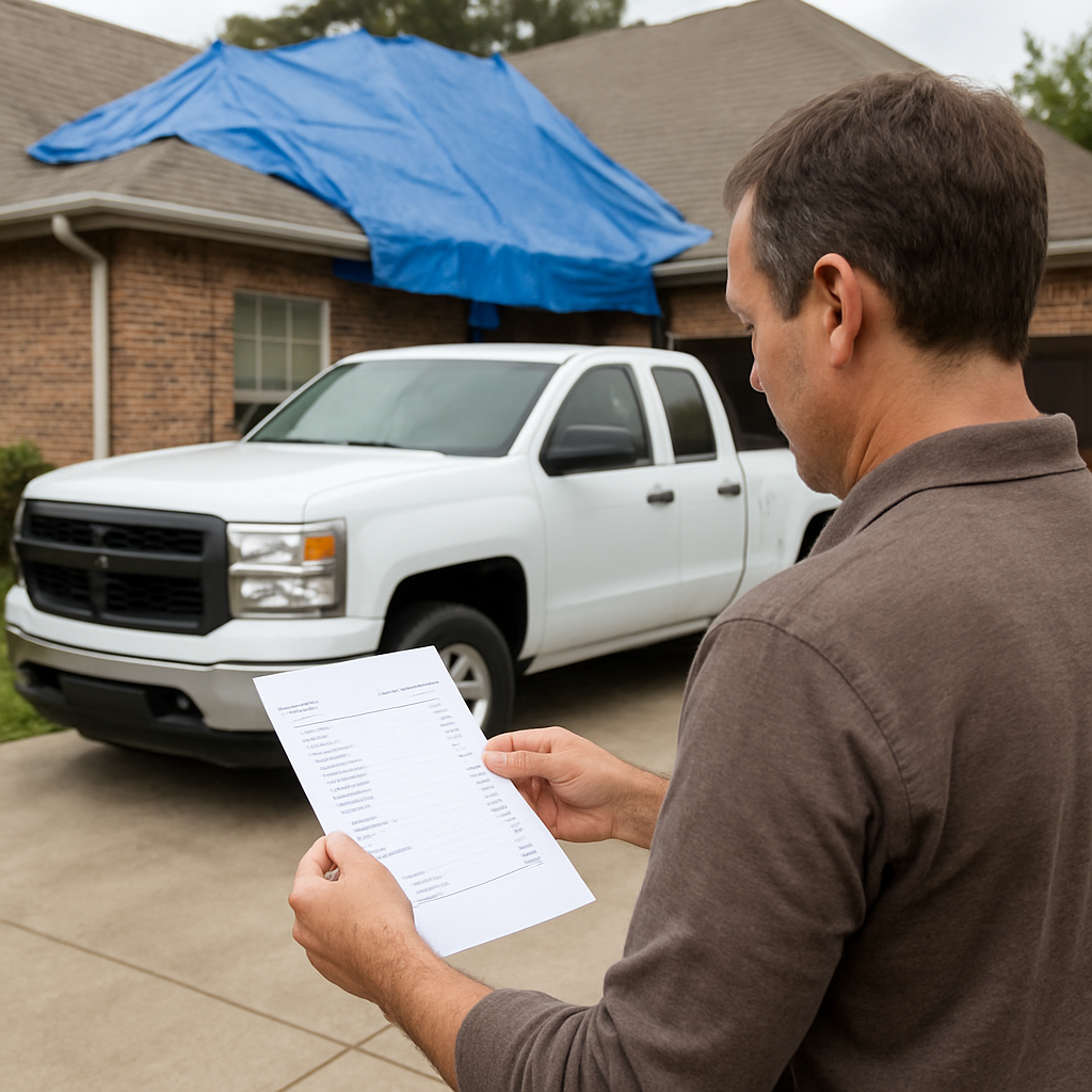 Contractor truck unbranded at a residential roof with visible tarp and a homeowner reviewing a singl