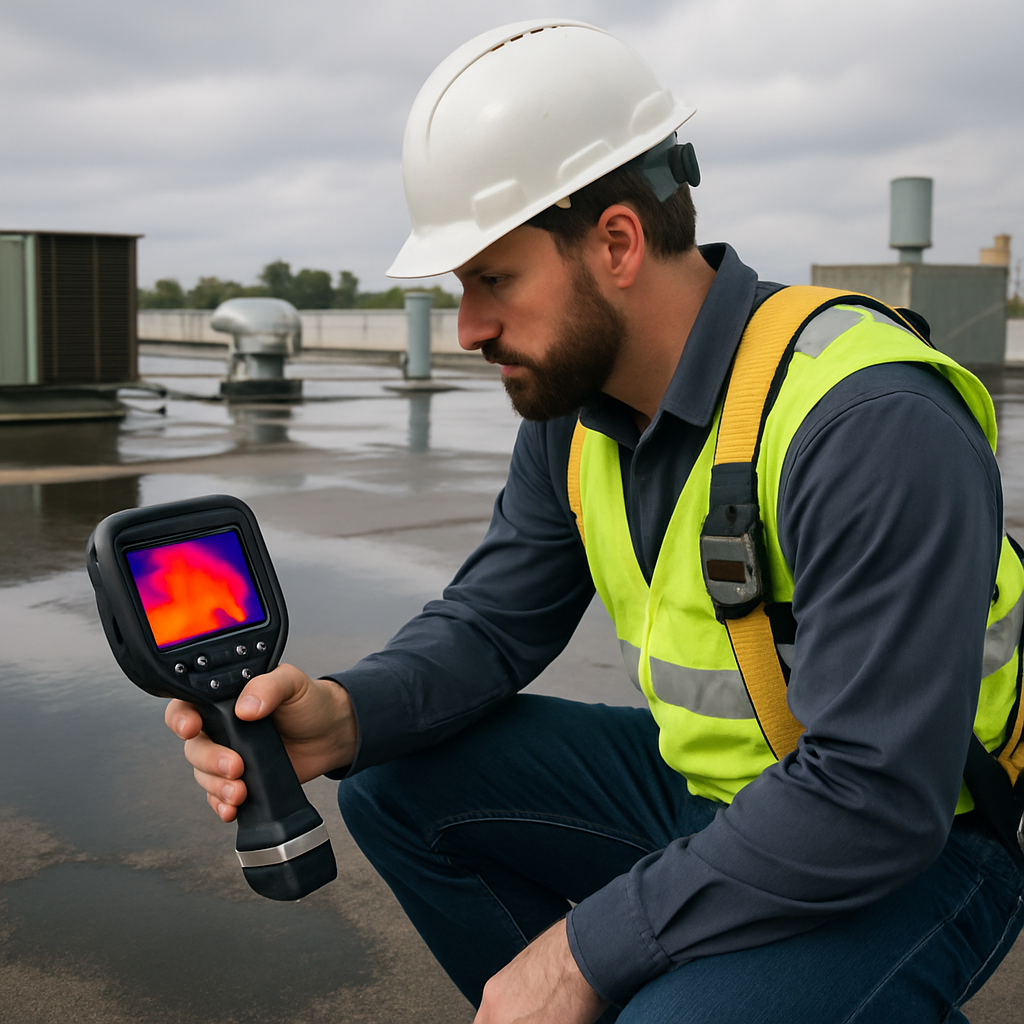Photo realistic professional image of a technician performing infrared moisture scanning on a low sl