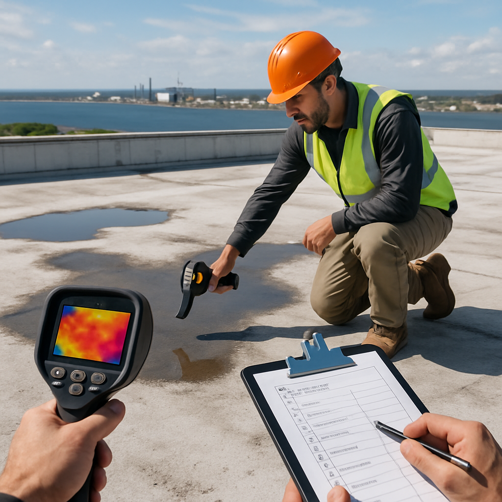 A professional rooftop inspection scene showing a technician performing a moisture scan on a low-slo