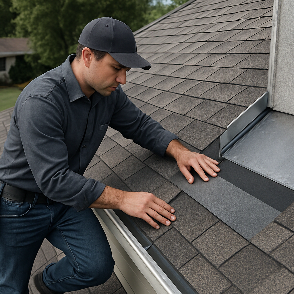 Professional roofer inspecting a residential asphalt shingle roof with a drone view and close up of