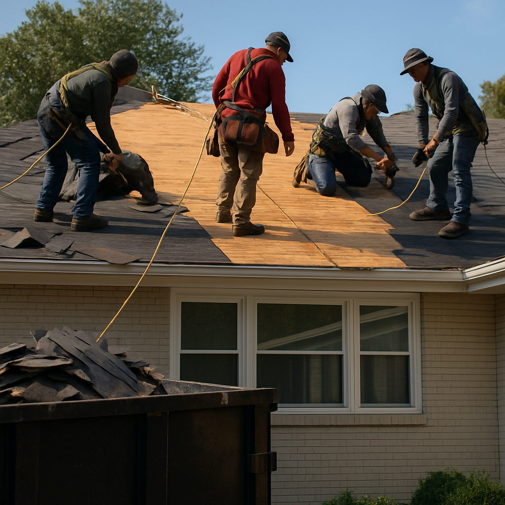 Photorealistic photo of a residential roof crew replacing asphalt shingles on a single story ranch h