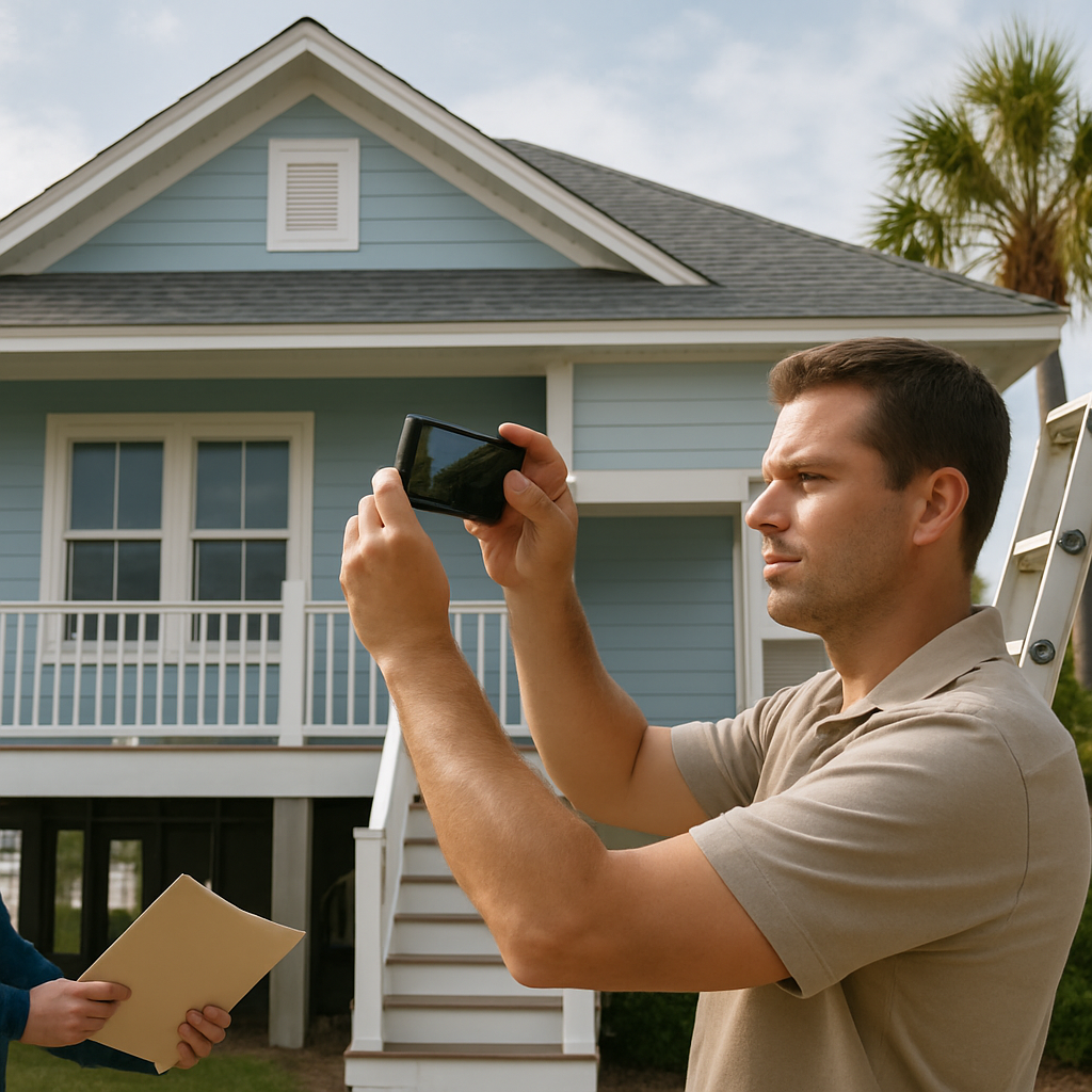 Photo realistic image of a homeowner on ground level taking clear photos of a coastal Mississippi ho