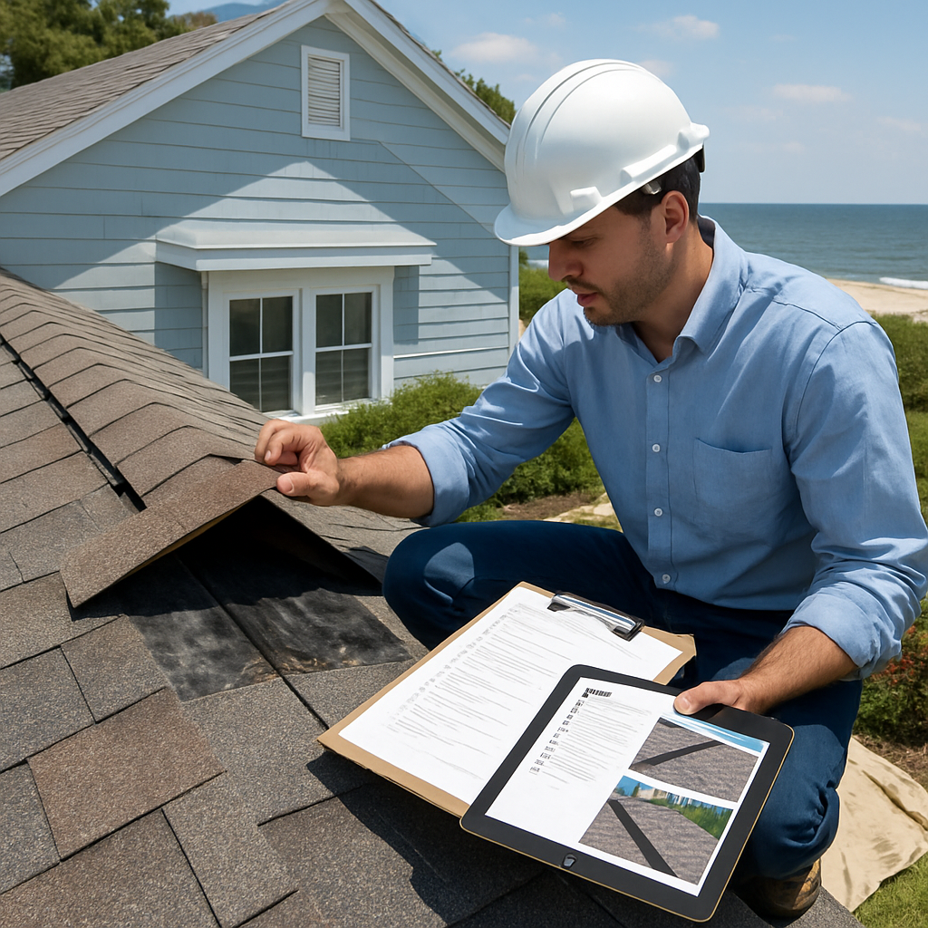 Contractor doing an on-site roof walkthrough on a coastal Mississippi home, inspector lifting a ridg