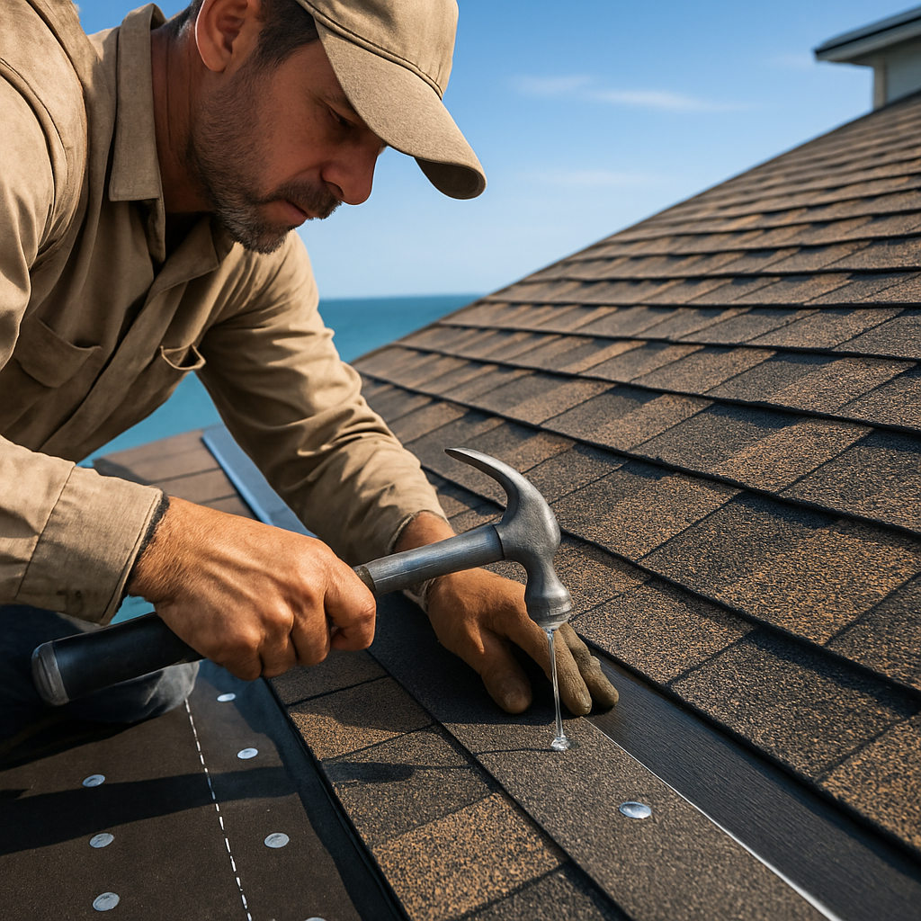 Photo realistic close-up of a roofer installing impact- and wind-rated architectural shingles on a c