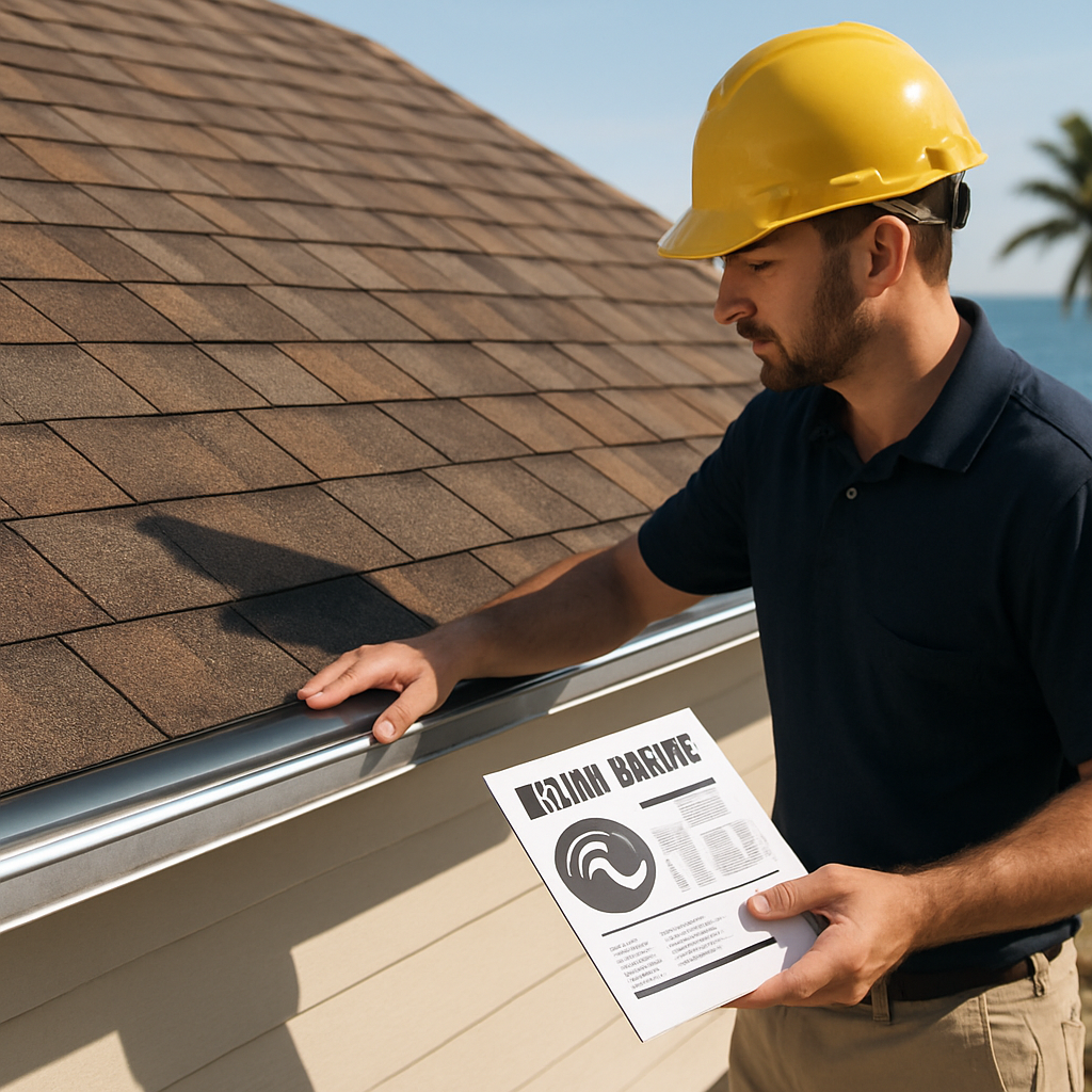 Photo realistic image of a coastal bungalow roof being inspected by a contractor, showing close-up o