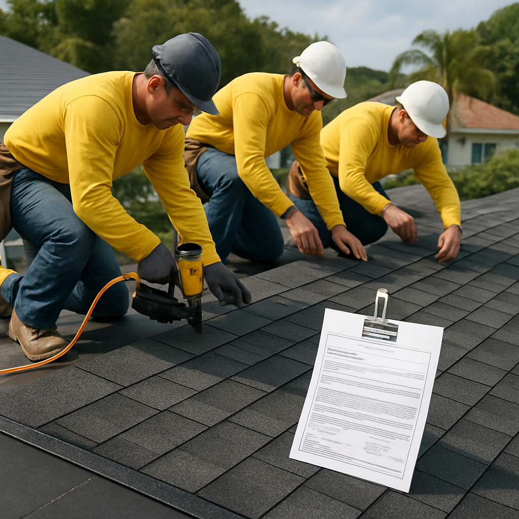Photorealistic image of a roofing crew installing wind-rated asphalt shingles with visible starter s