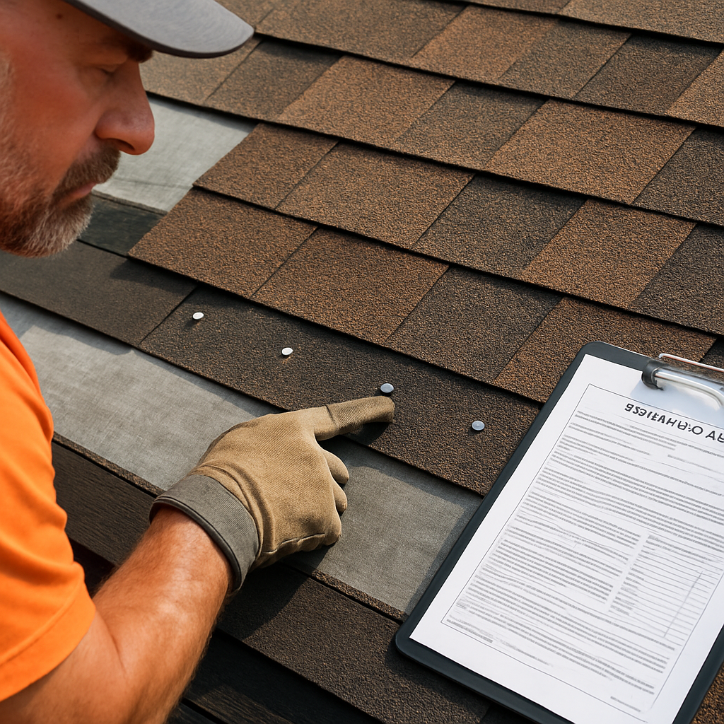 Photo realistic close-up of a roofer demonstrating correct nailing pattern on hurricane resistant ro