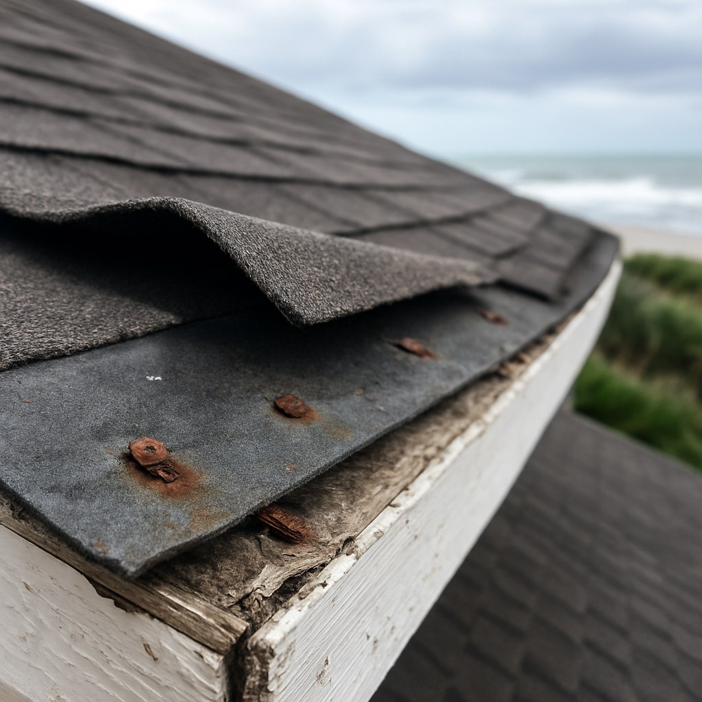 Close-up photo of a coastal roof edge showing lifted starter strip, corroded fasteners, and missing
