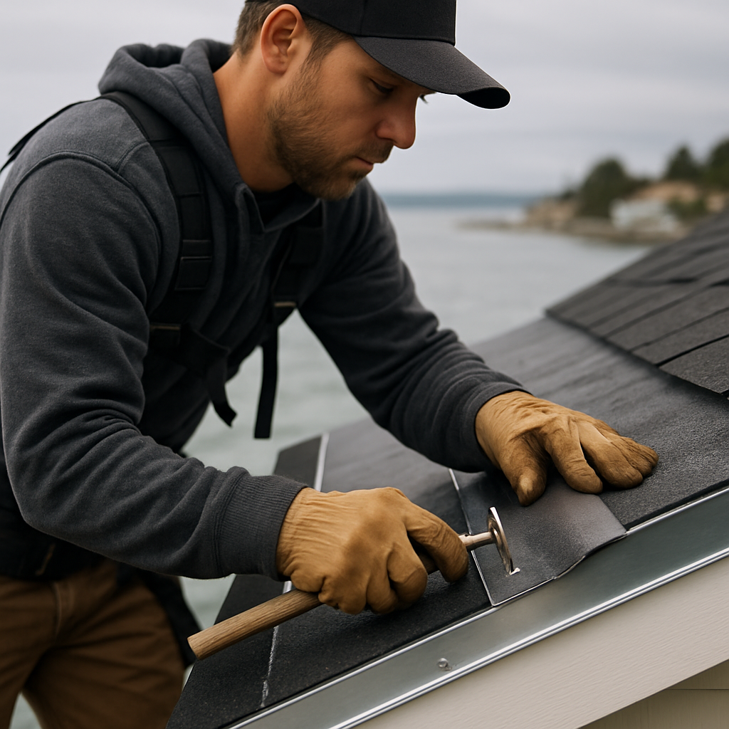 Professional roofer installing a starter strip and self-adhering underlayment at the eave on a coast