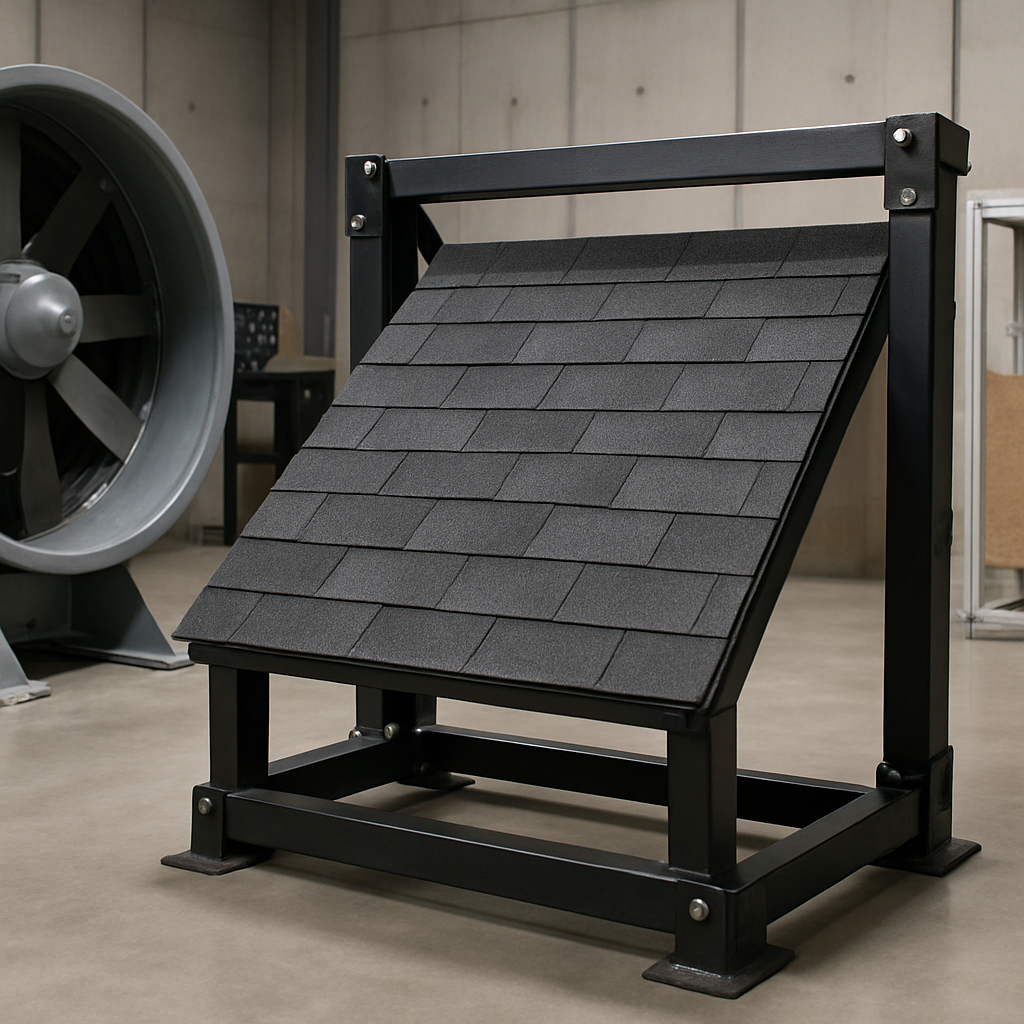 Photo realistic image of a roofing lab test area with asphalt shingles mounted on test rig, cyclic w