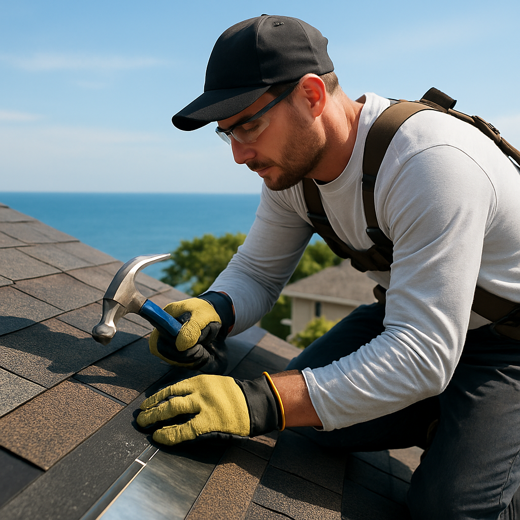 Photo realistic image of a professional roofer on a coastal residential roof installing architectura
