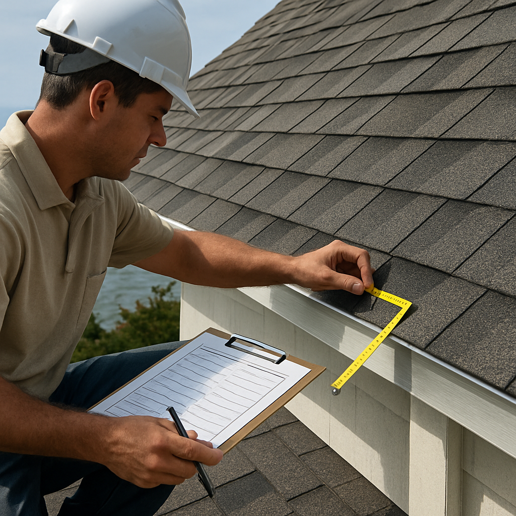 Photorealistic image of a roofing inspector measuring nail pattern and inspecting edge metal on a co