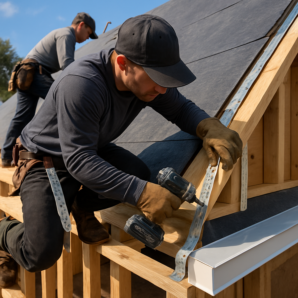 Professional roofing crew installing hurricane straps at the eave of a steep slope roof, showing met
