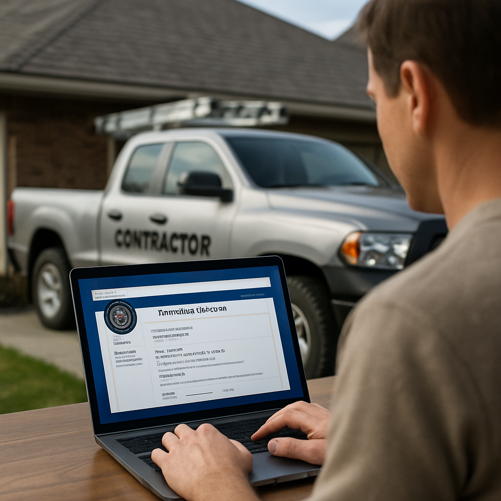Photorealistic photo of a homeowner checking a roofing contractor license on a laptop showing the Mi