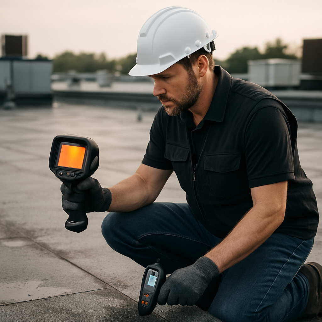 Professional roofer conducting an infrared moisture scan on a commercial flat roof, with time-stampe