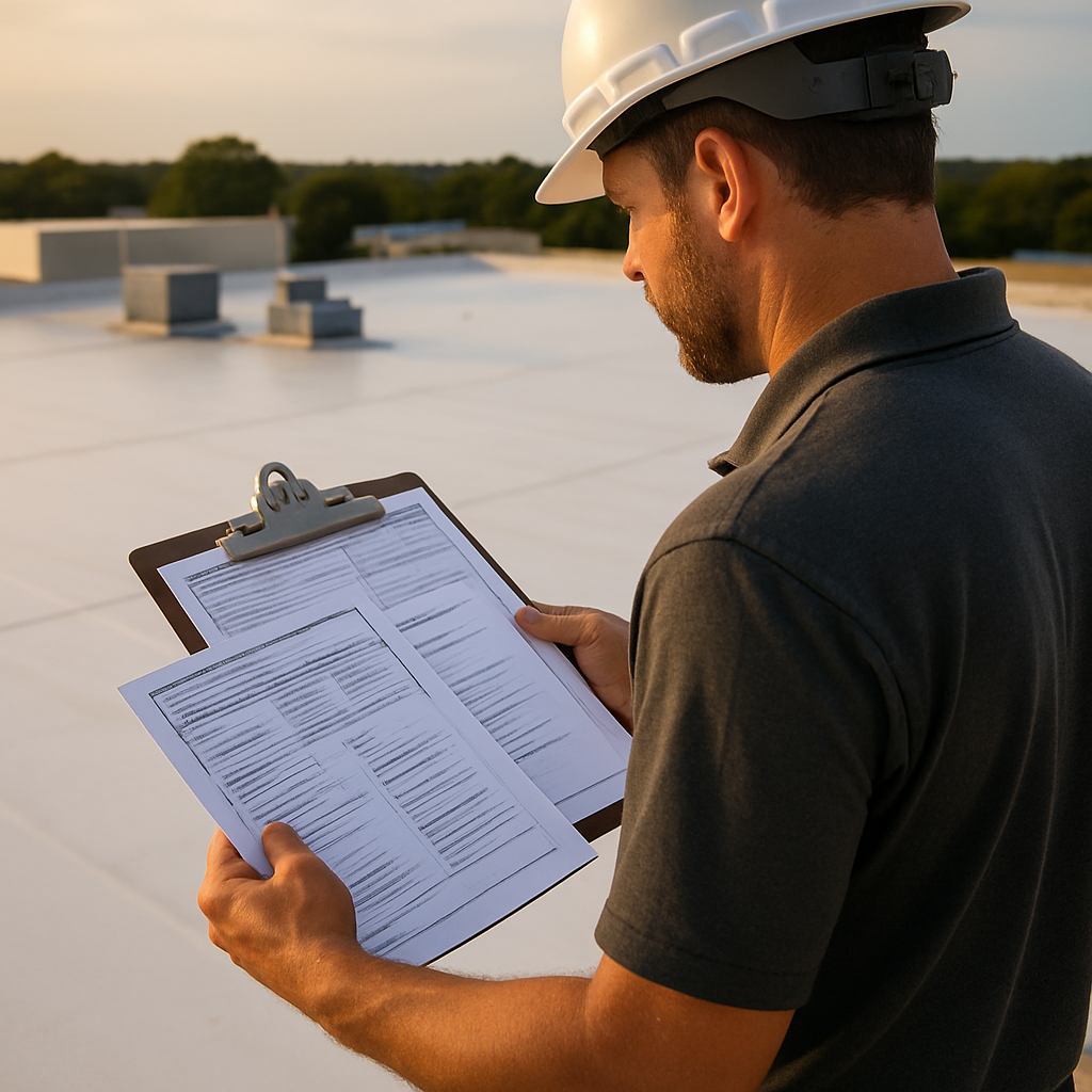 Photo realistic image of a commercial roofing estimator reviewing an ACORD insurance certificate, co
