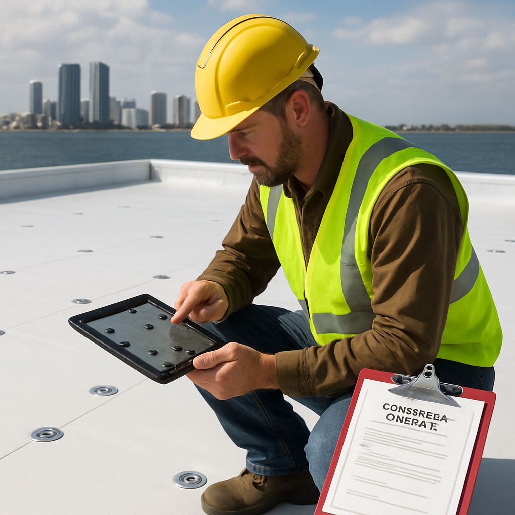 Photorealistic image of a certified commercial roofer on a low slope TPO roof documenting fastener p