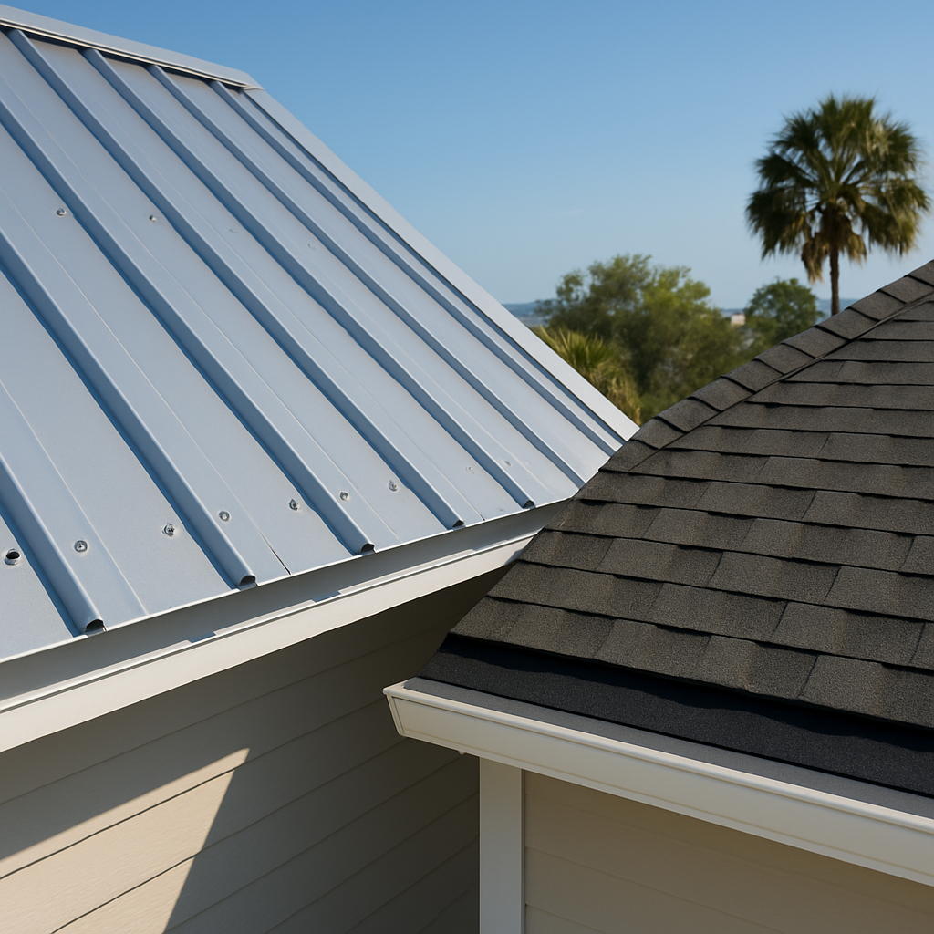 Photo realistic image of two adjacent roofs in Mississippi - one coastal property with standing seam