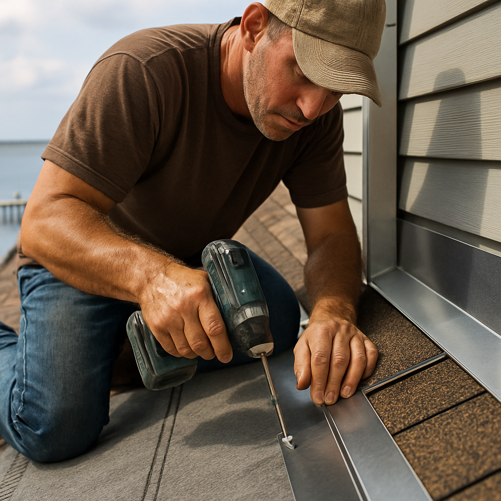 Photo realistic close-up of a professional roofer installing stainless steel fasteners and continuou