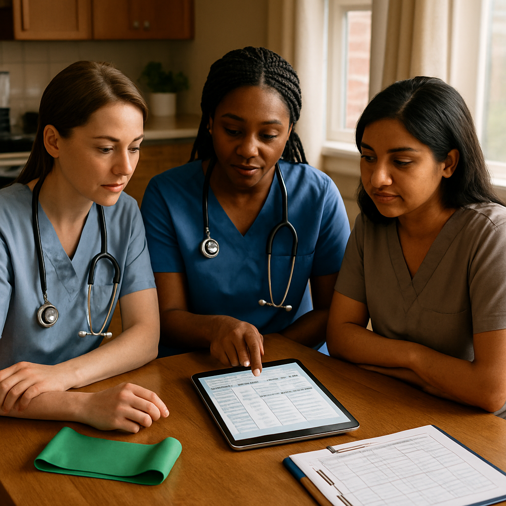 Photo realistic image of a Registered Nurse, a Registered Practical Nurse and a Personal Support Worker reviewing a patient care plan at a kitchen table in a Canadian home. Include a tablet showing the care plan, medical chart, and a physiotherapy exercise band on the table. Natural warm light, professional and calm mood.