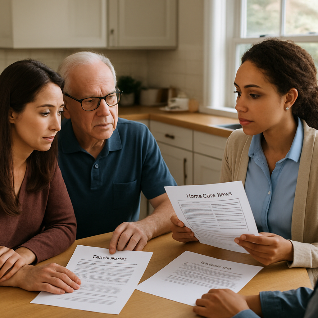 Photo realistic image of a family and a caregiver at a kitchen table reviewing a concise one-page home care needs summary with medication list and discharge papers visible; professional, natural light, calm mood
