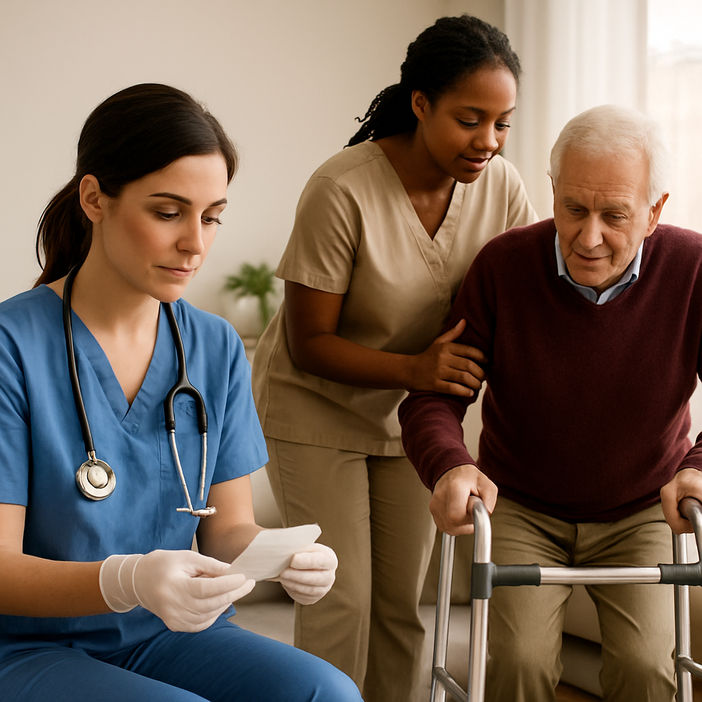 A registered nurse reviewing a wound dressing in a bright, residential living room while a personal support worker assists a senior patient with mobility aids; photorealistic, professional mood