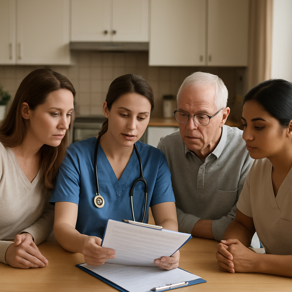 Photo realistic image of a registered nurse and a personal support worker reviewing a written care plan at a kitchen table with an older adult and a family member; professional, calm mood; clear focus on paperwork and interaction