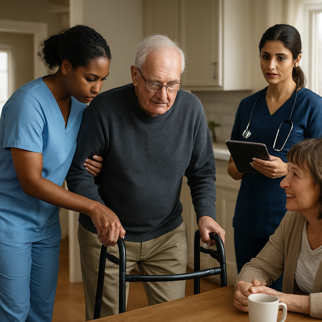Photo realistic image of three caregivers in a home setting: a PSW assisting an older adult with standing transfers, an RN reviewing a wound dressing on a tablet nearby, and a companion sitting at a kitchen table talking with the client. Professional, calm mood, natural lighting.