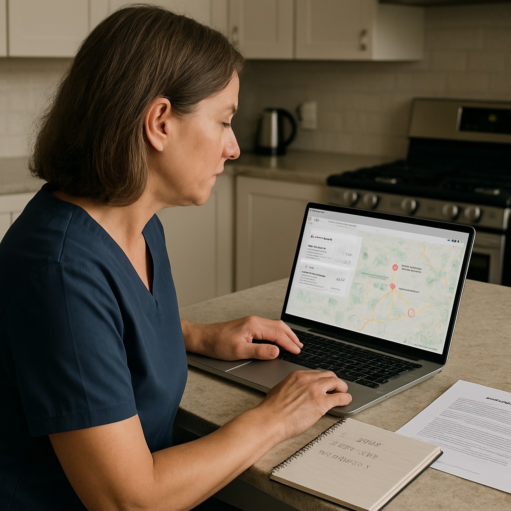 Photo realistic image of a middle-aged caregiver or family member sitting at a kitchen table with a laptop open to Google Maps showing home care listings, a notepad with phone numbers, and a printed discharge summary nearby. Professional, calm mood.