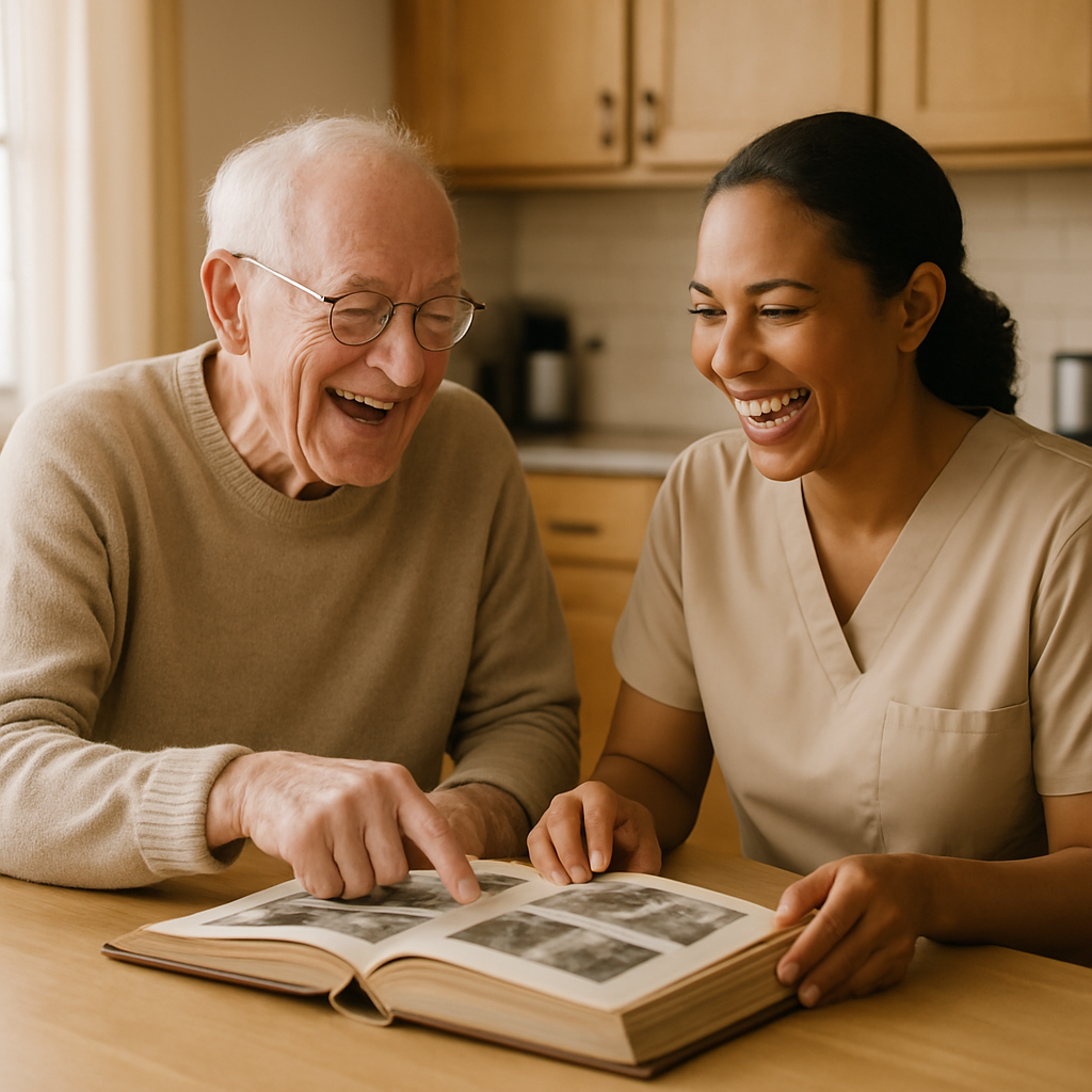 Photo realistic image of a senior and a caregiver sitting at a kitchen table, laughing while looking at a photo album; natural light, warm tones, professional caregiving setting, emphasis on human connection
