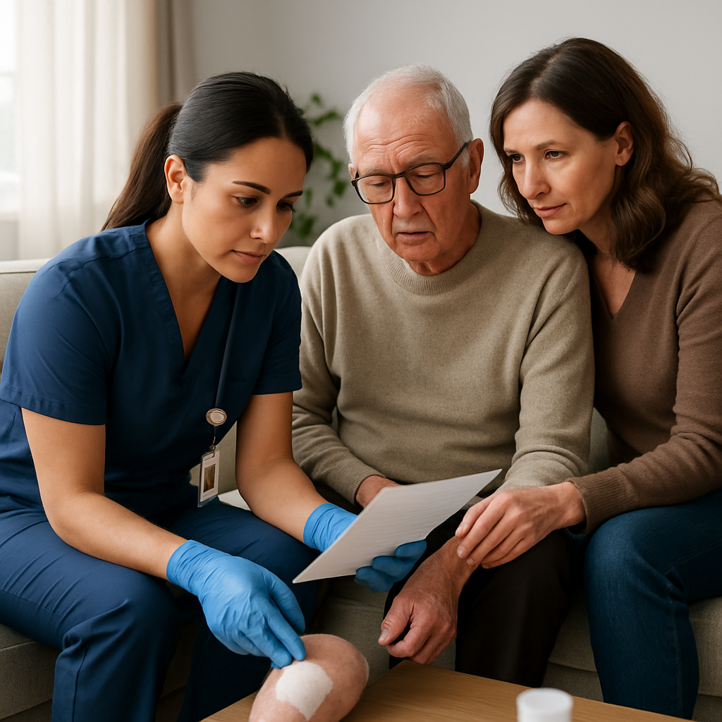 Registered nurse performing a wound assessment at a private home, reviewing medication list with an elderly patient and family caregiver, photo realistic