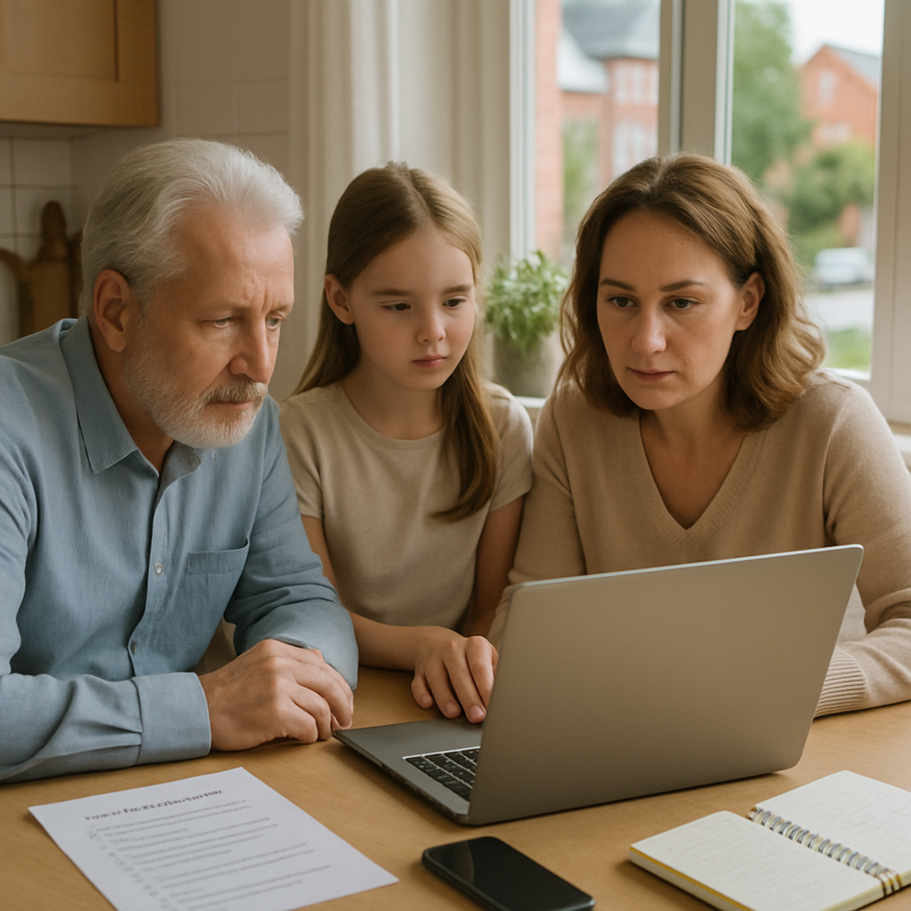 Photo of a family at a kitchen table using a laptop to search for local home care providers, with a printed checklist, phone, and notes visible. Professional, natural light, candid, showing a local neighbourhood out the window.