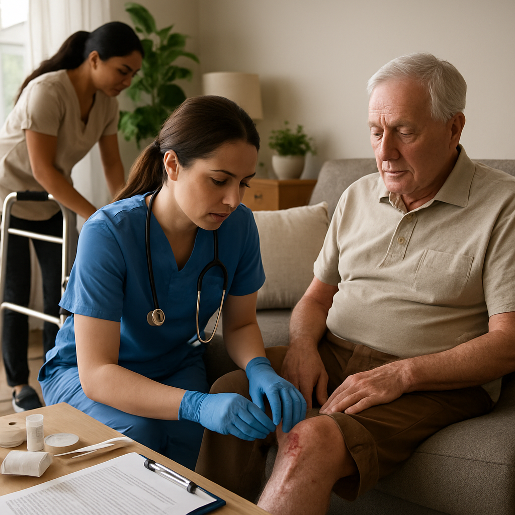 Photo-realistic image of a Registered Nurse checking a wound on an elderly patient in a well-lit home living room while a Personal Support Worker adjusts a mobility aid nearby; professional, compassionate mood; clear view of medical supplies and a care plan clipboard on a side table