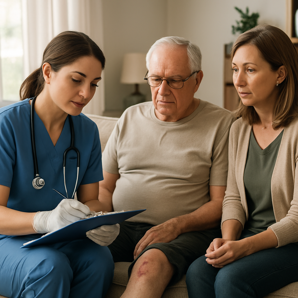 A registered nurse in professional uniform performing a wound assessment at a patient's home in a tidy living room; nurse documenting findings on a clipboard while a family caregiver watches; natural light, photo realistic, professional mood