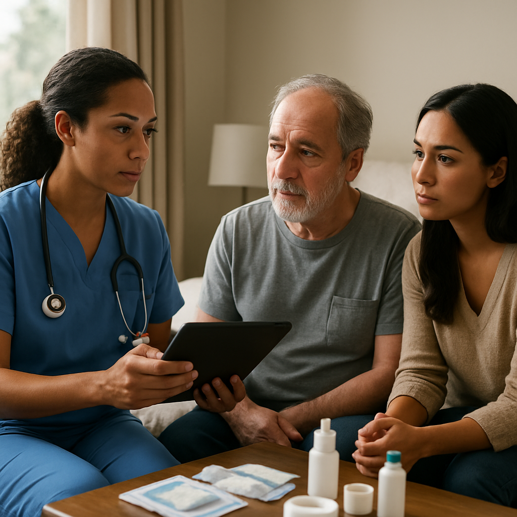A Cedar Home Health Care registered nurse conducting a bedside care planning meeting in a home: nurse holding a tablet, a family caregiver looking on, visible wound supplies on a table, professional and calm atmosphere, photo realistic