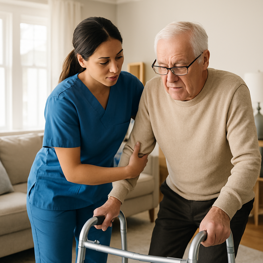 Photo realistic image of a Personal Support Worker assisting an older adult with a walking aid in a tidy, well-lit Canadian home; professional, compassionate mood; focus on safe transfer technique and visible assistive equipment.