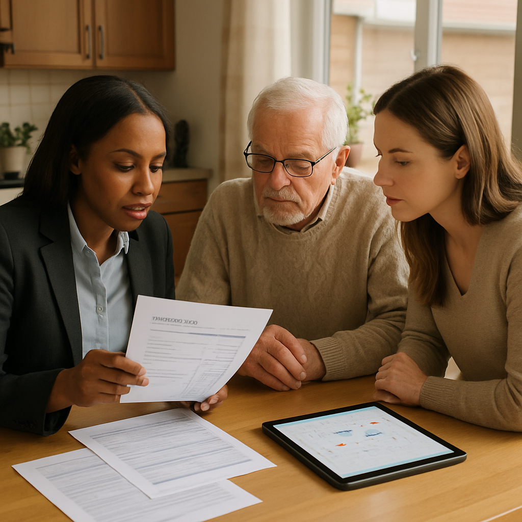 Photo realistic image of a care coordinator reviewing a written funding plan and schedule at a kitchen table with an older adult and adult child in a Canadian home; professional, practical mood; visible paperwork, a tablet showing a calendar, and warm natural light.