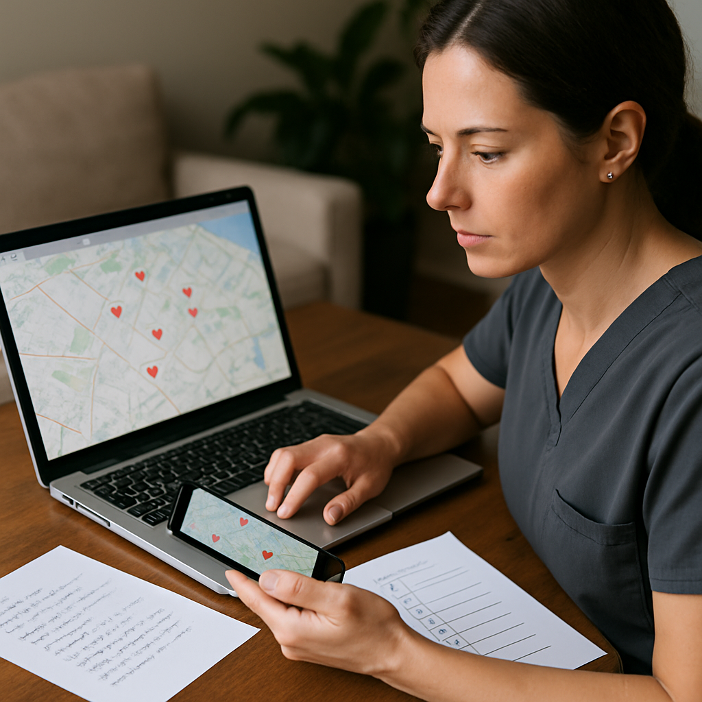 A professional, photo realistic image of a family caregiver using a laptop and phone to compare local home healthcare agencies on a map, with printed notes and a checklist on the table, mood professional and focused
