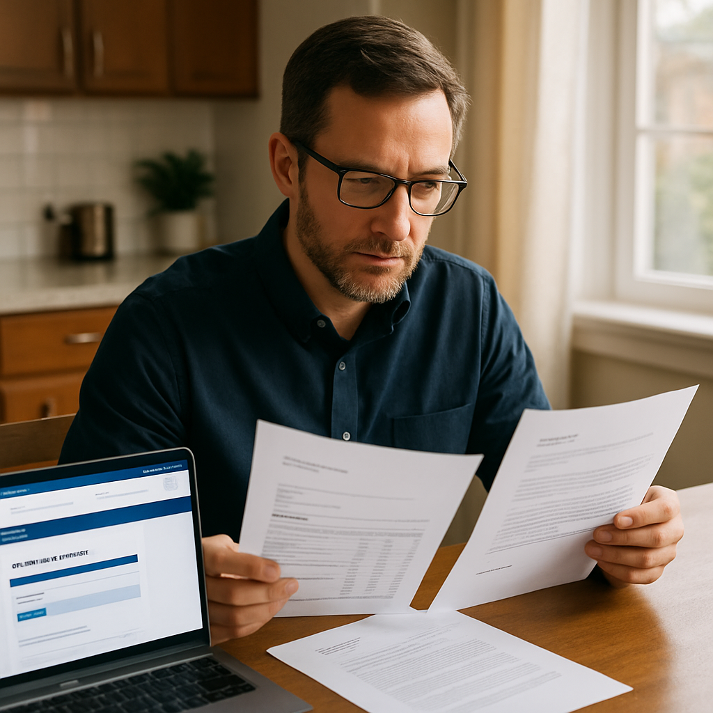 Photo realistic image of an adult child reviewing an itemized home care invoice and a Passport authorization letter at a kitchen table, laptop open to a funding portal, professional mood