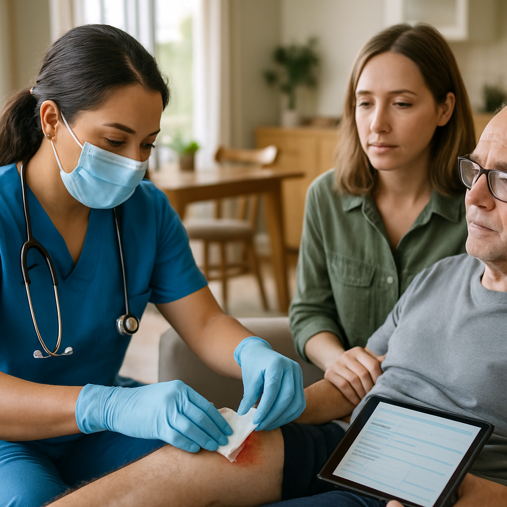 Registered nurse performing wound dressing change in a bright, accessible home environment, with clear documentation on a tablet and family member nearby, photo realistic