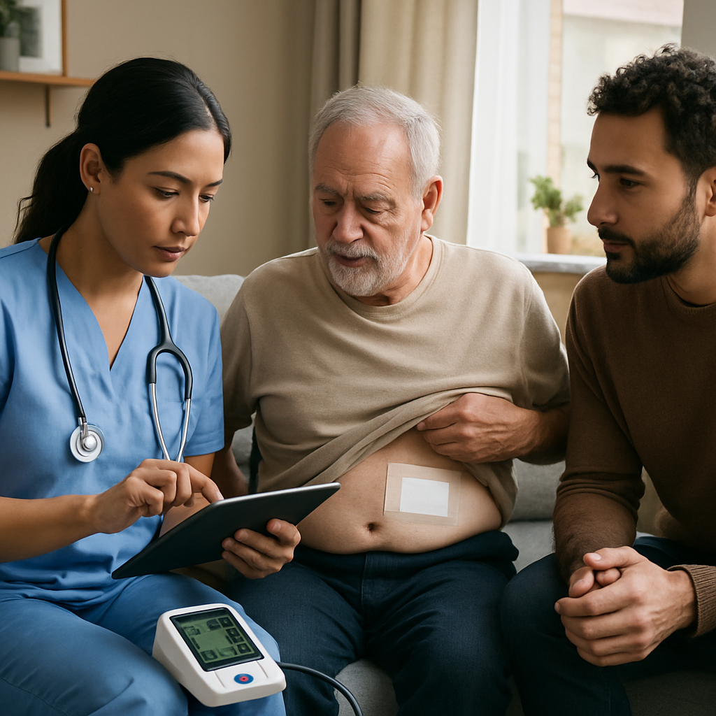Registered nurse conducting an in-home intake assessment in a living room: taking vitals with a portable monitor, entering data on a tablet, observing a bandaged incision on the patient, with a family member listening attentively, photo realistic