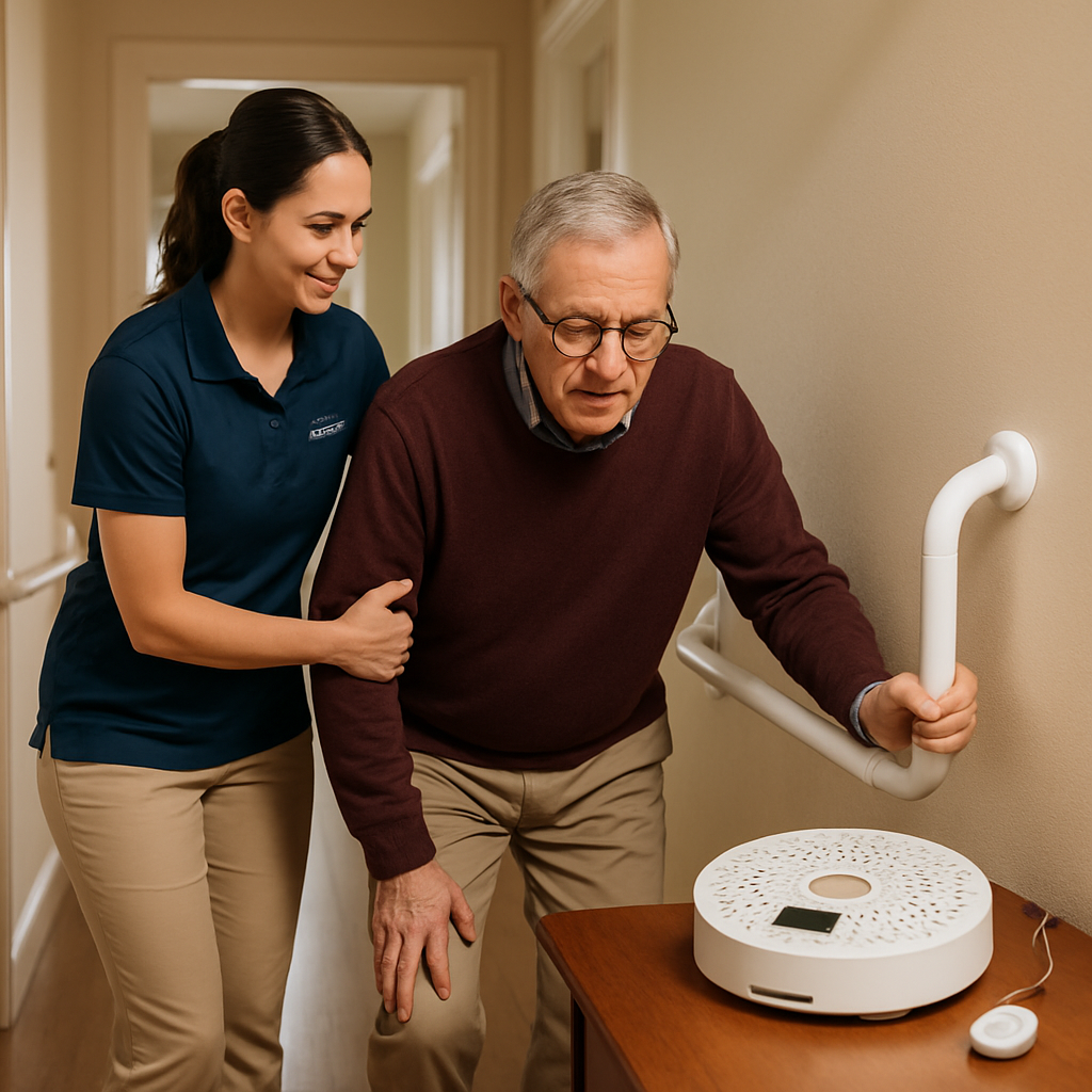 A professional caregiver assisting an older adult with a mobility transfer in a well-lit home hallway with grab bars installed; caregiver wearing a company-branded polo, visible Medminder pill dispenser and Philips Lifeline pendant on a table nearby